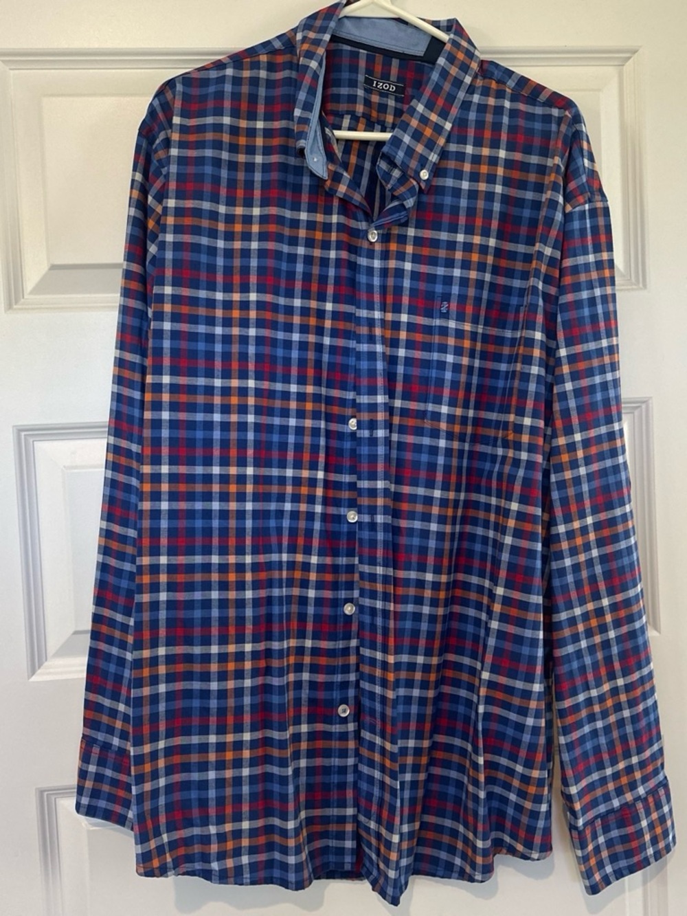 Izod Men's Blue Plaid Button-Down Shirt with Red and Tan Accents